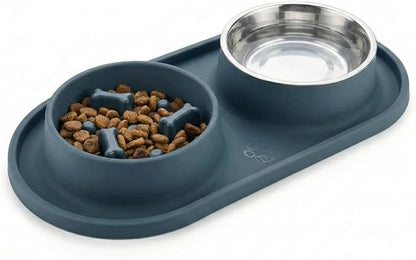 Slow Feeder Dog Bowls, 2-in-1 Dog Slow Feeder Bowl with Stainless Steel Water Bowl, Anti-Slip Non-Spill Puzzle Feeder for Dogs Cats, Bloat Prevention Set for Puppies & Large Breeds