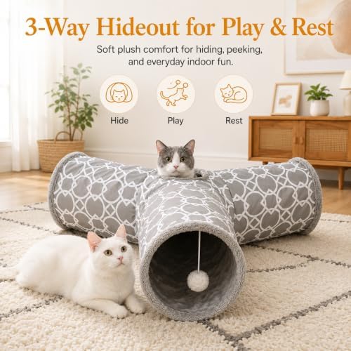 Geometric 3 Way Cat Tunnel with Plush Inside,Cats Toys Collapsible Tunnel Tube with Balls, for Rabbits, Kittens, Ferrets,Puppy and Dogs - Image 3