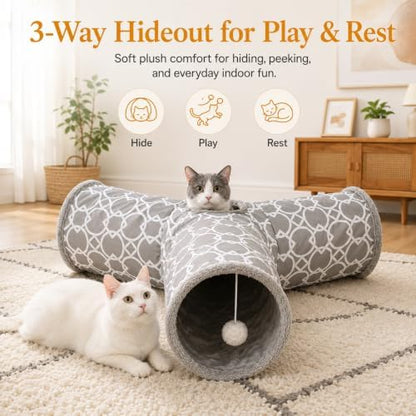 Geometric 3 Way Cat Tunnel with Plush Inside,Cats Toys Collapsible Tunnel Tube with Balls, for Rabbits, Kittens, Ferrets,Puppy and Dogs - Image 3