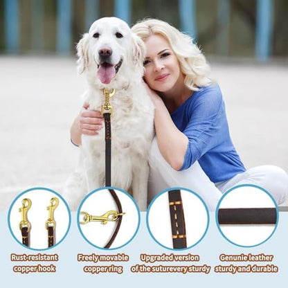 LWBMG Multi Function Leather Dog Leash - 8ft Genuine Leather Hands Free Double Ended Dog Training Leash for Small Medium Dogs - Brown - Image 3