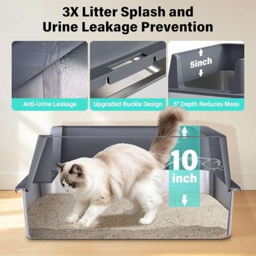 Stainless Steel Litter Box, XL Metal Litter Box with High Sides Lid, Extra Large Cat Litter Boxes for Big Cats, Anti-Urine Leakage, Never Absorbs Odors, Easy Cleaning, Non-Stick, Include Scoop and Mat - Image 2