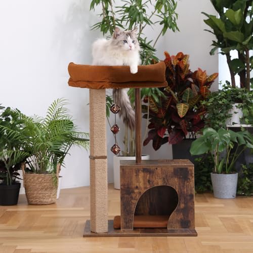 FUKUMARU Retro-Modern Cat Tree, Small Wooden Cat Tower with Post and Condo - Image 2