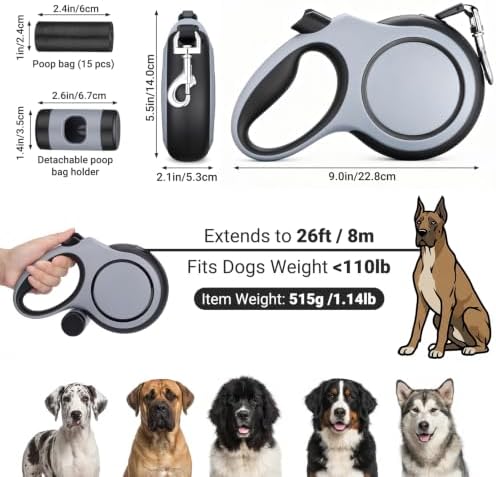 Segarty 26 Ft Walking Lead with Poop Bag Holder for Dog 66 lbs - 110 lbs, 8m Dog Leash Retractable with Anti-Slip Handle & One-Handed Brake Pause Lock, 360°Tangle-Free Leash for Pet Outside Activities - Image 2