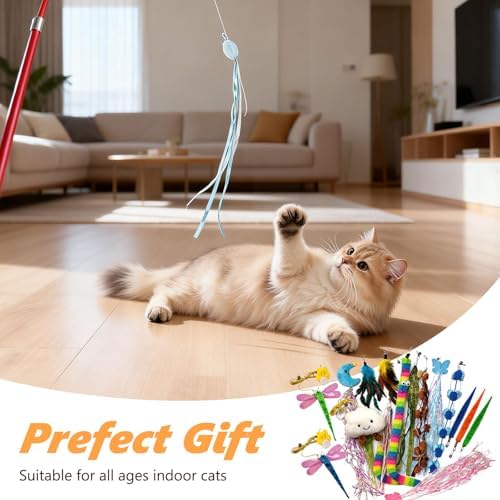 Cat Toys Interactive Feather Teaser Wand Set, Retractable Cat Fishing Pole Toy with Assorted Replaceable Attachments & Bells, Fun Hunting Exercise Toys (11 Pack) - Image 6