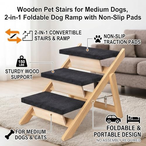 Wooden Pet Stairs for Medium Dogs, Foldable pet Stairs Dog Stairs Ramp with Non-Slip Pads, 3-Step Wood Cat Ladder for High Beds Sofa Dog Steps Couch Car, Portable Pet Steps Supporting up to 150 lb - Image 5