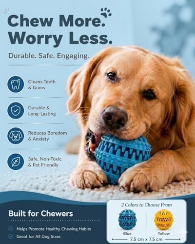 Rubber Dog Chew Toy Ball, Blue and Yellow, Bite-Resistant, Interactive Teeth Cleaning, Hidden Food Treat Dispenser for Dogs (Blue) - Image 6