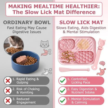 3 Piece Cat Slow Feeder Bowl Set, Silicone Lick Mat,Treat Dispenser with Long Handle Spoon, Non Slip Spill Proof for Indoor & Travel (Pink) - Image 3
