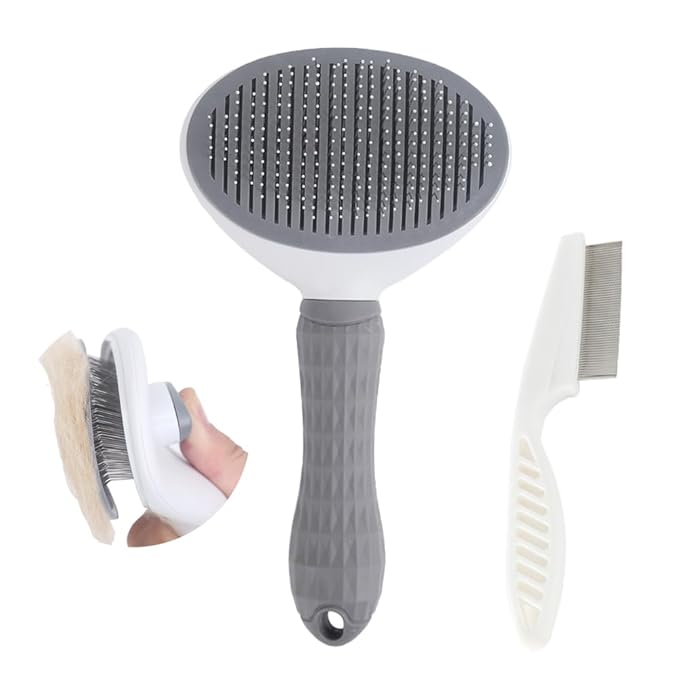 Cat Brush with Release Button, universal for cats and dogs, one click release, brush and flea comb combination set，Pet Hair Comb Tear Stay Removal, knotted skin floating hair tangled fleas (Grey)