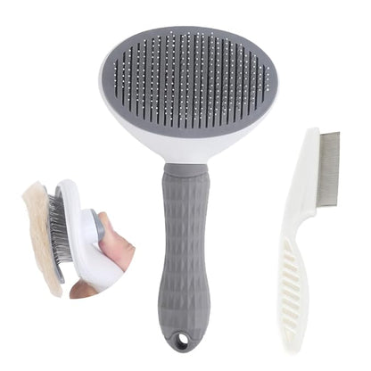 Cat Brush with Release Button, universal for cats and dogs, one click release, brush and flea comb combination set，Pet Hair Comb Tear Stay Removal, knotted skin floating hair tangled fleas (Grey)