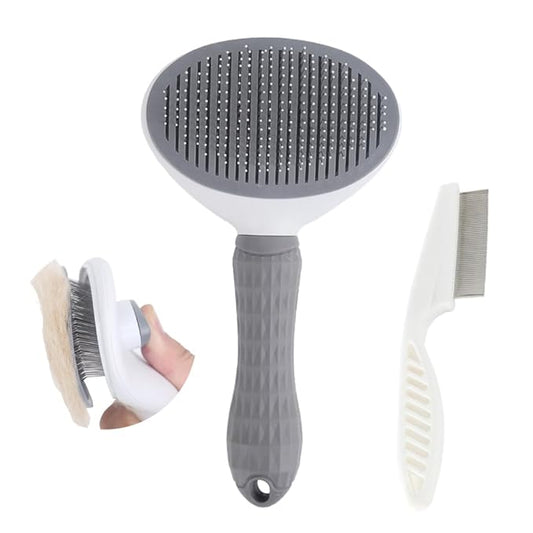 Cat Brush with Release Button, universal for cats and dogs, one click release, brush and flea comb combination set，Pet Hair Comb Tear Stay Removal, knotted skin floating hair tangled fleas (Grey)