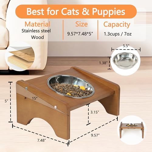 Elevated Stainless Steel Raised Food and Water Bowls, 15 Tilted Anti Vomiting, Dishwasher Safe, Non-Slip, Suitable for Cats and Puppies (Brown) - 2 Pack - Image 3