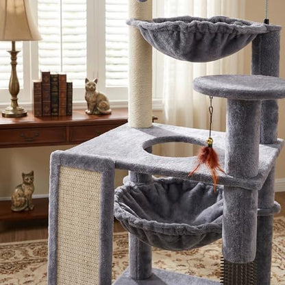 Multi-Level Cat Tree for Indoor Cats, Cat Tree Tower with Big Cat Hammock and Self-Grooming Brush, Cat Tower with Scratch Ladder, Indoor Climbing Activity Tower with Scratching Posts, Grey - Image 4