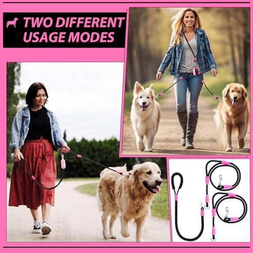 Thinkday Double Dog Leash for 2 Dogs, 5.9 ft No Tangle Dual Dog Leash with 2 Waste Bags, Hands Free Adjustable Crossbody Rope with Padded Handles, No Pull Lead for Small Medium Large Breeds - Image 5