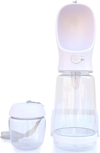 Dog Water Bottle with Food Container Holder, Travel Puppy Drinking Bowl, Portable Pet Water Dispenser, Patented Design, Food Grade Plastic 19 oz Water Bottle+100g Snack cans