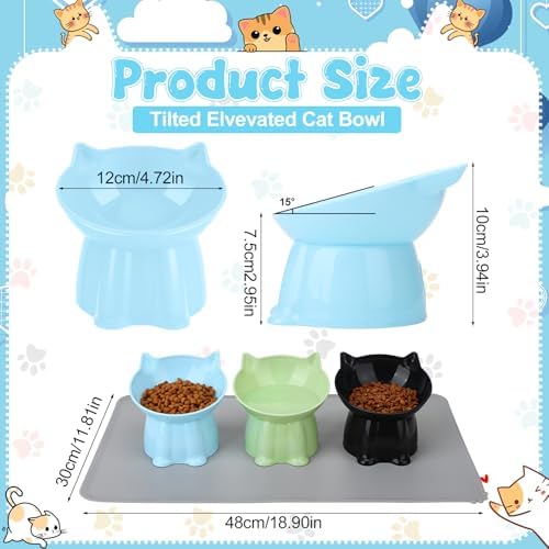 3 Pcs Elevated Cat Bowls 15°Raised Cat Food Bowl with Silicone Mat Green - Image 7