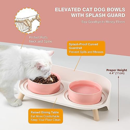 Raised Cat Food and Water Bowl Set - Elevated Ceramic Dishes with Non-Slip Stand and Splash Guard for Small Dogs - 2 x 320 ML (4.9 OZ) - Pink - Image 3