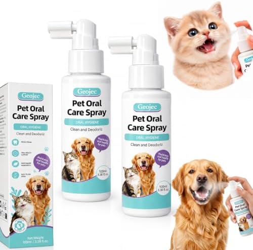 2Pack Pet Oral Care Spray, No Brush Dog Dental Spray, Natural Dog Breath Freshener for Dog Teeth Cleaning, Daily Dog Dental Care & Cat Dental Care Pet Oral Care Spray Fights Tartar & Plaque (100ml*2) by Geojec