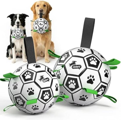 QDAN 2 PCS Dog Toys Soccer Ball Set with Straps, Interactive Dog Toys for Tug of War, Puppy Birthday Gifts, Dog Water Toy, Durable Dog Balls for Medium & Large Dogs（6 & 8 Inch） by QDAN