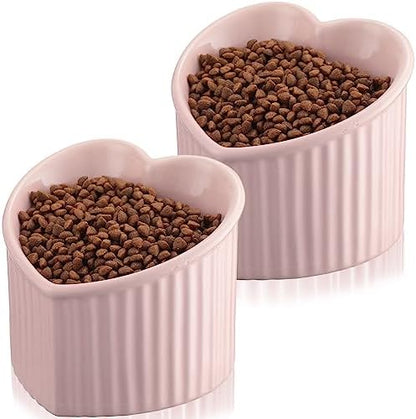 Mumufy 2 Pcs Ceramic Elevated Cat Bowls Tilted Elevated Raised Pet Bowls Anti Vomit Cat Dish for Indoor Stress Free Water Dish Feeder for Puppies, Heart Shaped(Pink) by Mumufy