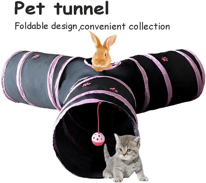 Rabbit Tunnels & Tubes Collapsible 3 Way Black with Pink Paws, Play Tunnel Tube Toy with Hanging Ball for Kitten, Puppy, Bunny, Ferret, Interactive Toys for Fun Playtime & Exercise - Image 2