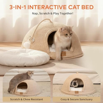 Cat Cave Bed with Washable Cushion and Ball, Handwoven Cotton Rope Cat Basket Bed for Indoor Cats Bed Covered, 3-in-1 Scratching, Playing & Sleeping, All Season Universal(White) - Image 3