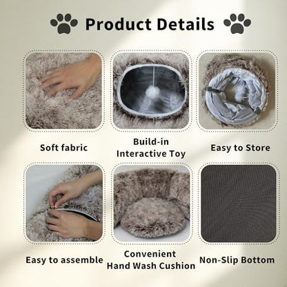 Cat Tunnel Bed for Indoor Cats with Washable Cushion Cat Cave Donut Tunnel with Fluffy Ball Big Round Tube Pet Playground Toys Soft Plush Peekaboo for Kitten, Cat, Puppy, Rabbit, Ferret（Brown） - Image 3