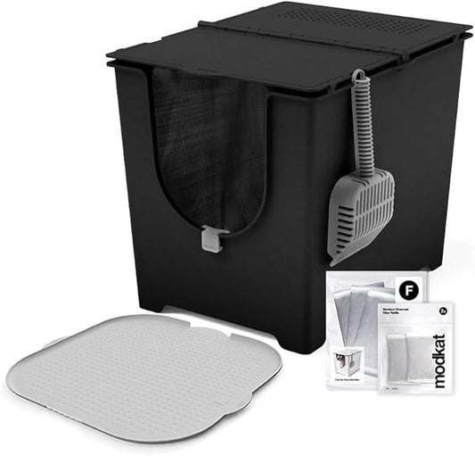 Modkat® Flip Starter Kit - Flip Litter Box (Black), Katch Litter Mat (Gray), 4X Reusable Litter Liner, Litter Scoop, 2X Charcoal Filters