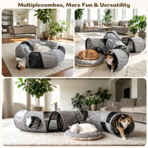 Ownpets 2 in 1 Collapsible Cat Tunnel for Indoor Cats with Cushion Bed - Image 3