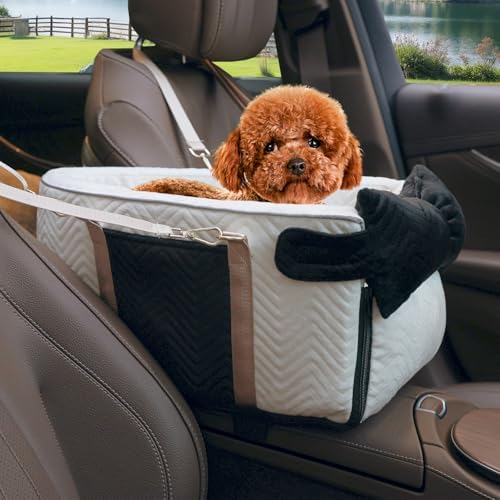 Dog Car Seat for Small Dogs, Portable Center Console Dog Car Seat, Pet Booster Seats with Safety Belt and Soft Cushion, Pet CarSeat for Dogs and Cats Under 15 lbs, White by Homsunyi