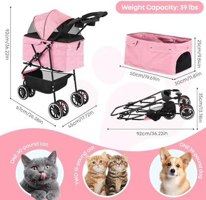 Pet Stroller,Dog Stroller for Small Medium Dogs Cats,3 Wheels,Pink - Image 2