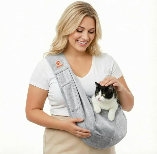 Tomkas Small Dog Cat Sling Carrier Puppy Purse Travel Wrap Soft Crossbody Pet Bag (Gray, M - Classic Pocket & Classic Strap)