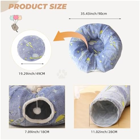 Under Christmas Tree Large Cat Tunnels Bed Tube for Indoor Cats Glows in The Dark Cat Tunnel with Cushion and Plush Ball Toy Toys for Dog Puppy Kitten Rabbit Bunnies Ferret Pet Blue - Image 4