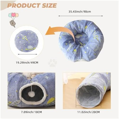 Under Christmas Tree Large Cat Tunnels Bed Tube for Indoor Cats Glows in The Dark Cat Tunnel with Cushion and Plush Ball Toy Toys for Dog Puppy Kitten Rabbit Bunnies Ferret Pet Blue - Image 4