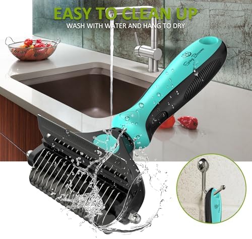 Spring Blossoms-2 in 1 Professional Grooming Rake for Cats & Dogs-Dematting Comb for Easy Mats & Tangles Removing,Pet Brush Safe No More Nasty Shedding and Flying Hair (Cyan) - Image 5