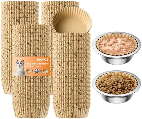 600 Pack Disposable Cat Bowl Liners with 2 Stainless Steel Bowls by Etersky