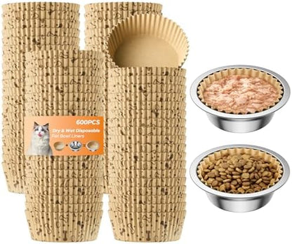 600 Pack Disposable Cat Bowl Liners with 2 Stainless Steel Bowls by Etersky