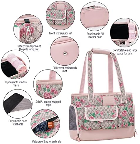 Dog Carrier, Cat Carrier, Pet Carrier, Foldable Waterproof Premium PU Leather Oxford Cloth Dog Purse, Portable Tote Bag Carrier for Small to Medium Cats and Small Dogs (Flower Pattern) - Image 3