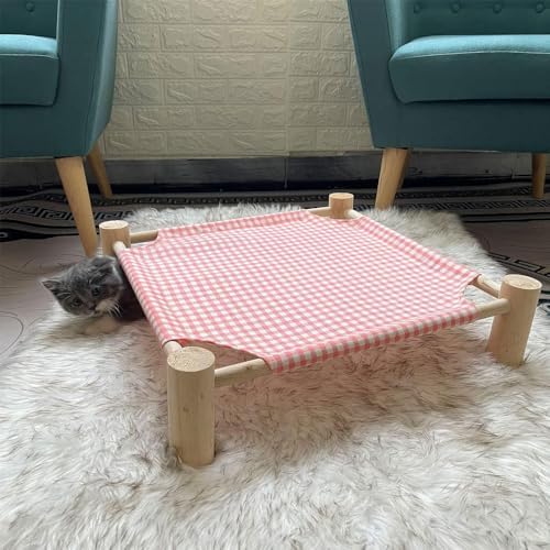 Pozico Elevated Cat & Dog Bed – Wooden Frame Pet Hammock for Small Dogs & Cats, Indoor/Outdoor Raised Bed with Breathable Mesh, Portable Pet Cot Furniture – Pink Grid - Image 5