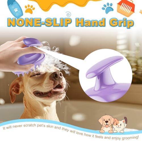 2-in-1 Dog Bath Brush for Grooming & Massage - Pet Silicone Brush for Long & Short Haired Dogs and Cats, Dog Scrubber for Bath, Rubber Curry Brush, Use Wet as Bath Brush or Dry for Grooming-Purple - Image 3