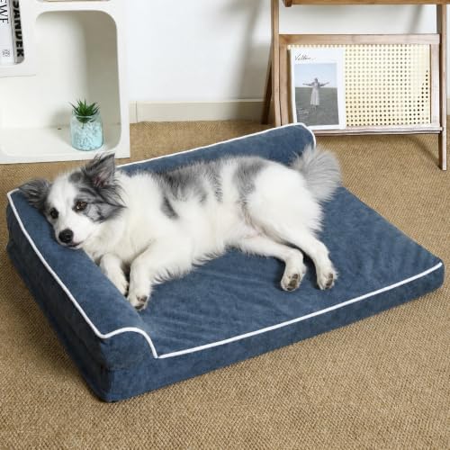 Orthopedic Dog Bed with Pillow L-Shape Dog Sofa for Large Medium Dogs, Dogs Couch with Removable Washable Cover, Pet Bed with Nonskid Bottom(Blue, Medium(30x20in)) by WARFORT
