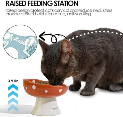 Red and Orange Mushroom Cat Bowl Set, 2PCS Elevated Ceramic Bowls for Cats - Image 4