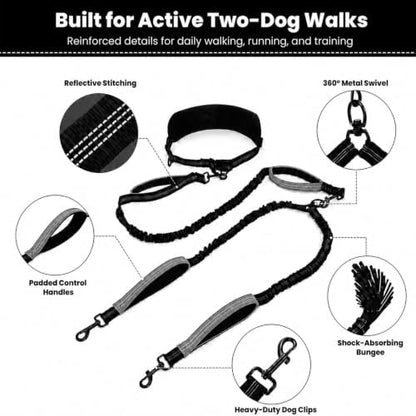 Hands Free Double Dog Leash, 4 Reflective Padded Handles, Adjustable Waist Belt 27-51", Shock-Absorbing Bungee, 360° Swivel Clips, for Small, Medium & Large Dogs, Walking Jogging Running - Image 2