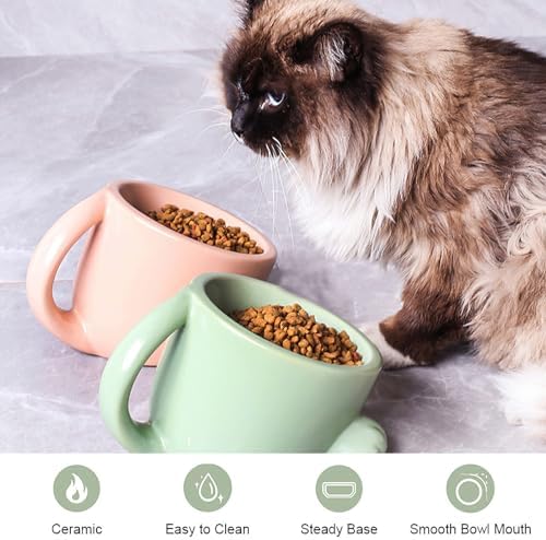 Raised Cat Bowls with Handle Tilted Cat Dish Ceramic Pet Food Water Bowl for Indoor Outdoor Kitten Small Dogs Puppy Pink - Image 4