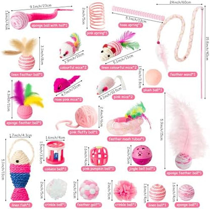 MALLMALL6 Cat Toy Set Interactive Cat Toys 27Pcs Pack Stuff Pink Feather Teaser Wand Springs Mice Sisal Fish Crinkle Balls Bell Balls, Puzzle Pack for Indoor Kitty Play Exercise - Image 5