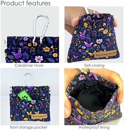 Raisingwell Dog Treat Pouch, Pocket Sized Pet Training Pouch, Cotton Fabric, Hand Free Purple Flower Dog Walking Bag with Carabiner, Self-Closing Pet Feed Snack Reward, for Puppy Travel or Outdoor Use - Image 3