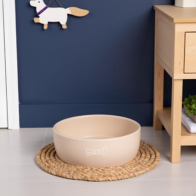 Pearhead Ceramic Dog Bowl – Neutral Taupe “Woof” Design, Holds 2.5 Cups, Non-Skid Stoneware Pet Feeding Dish, 20 oz, Medium