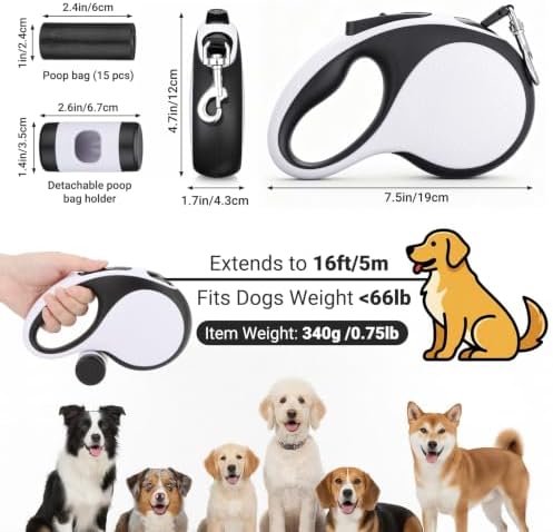 Segarty 16 Ft 360°Tangle-Free Leash with Detachable Poop Bag Holder, Retractable Lead for Dogs up to 66 lbs, 5m Long Walking Leash for Pets Outside with Anti-Slip Handle & One-Handed Brake Pause Lock - Image 2