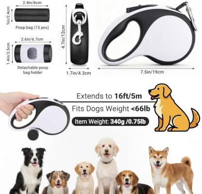 Segarty 16 Ft 360°Tangle-Free Leash with Detachable Poop Bag Holder, Retractable Lead for Dogs up to 66 lbs, 5m Long Walking Leash for Pets Outside with Anti-Slip Handle & One-Handed Brake Pause Lock - Image 2