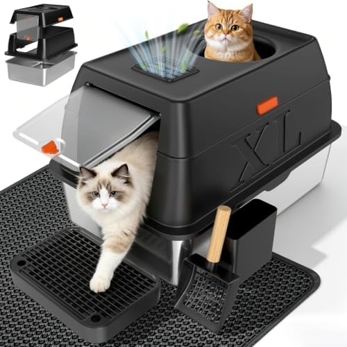 XL Enclosed Stainless Steel Litter Box with Lid,Black by Tevila