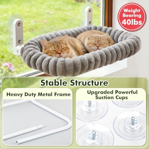 Zoratoo 2PC Cat Window Perch with Bolster Foldable Cat Hammock Cushion Bed for Window with Metal Frame, Cloud-Cuddle Cordless Window Resting Seat for Indoor Cats (Cushion Bed, Gray-L) - Image 6